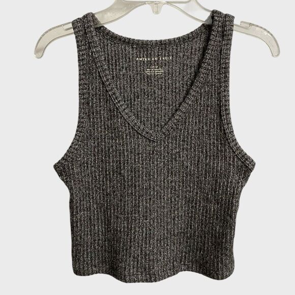 American Eagle Soft Ribbed V-Neck Tank Top Women's Size S Cropped Grey Feminine - Picture 1 of 10